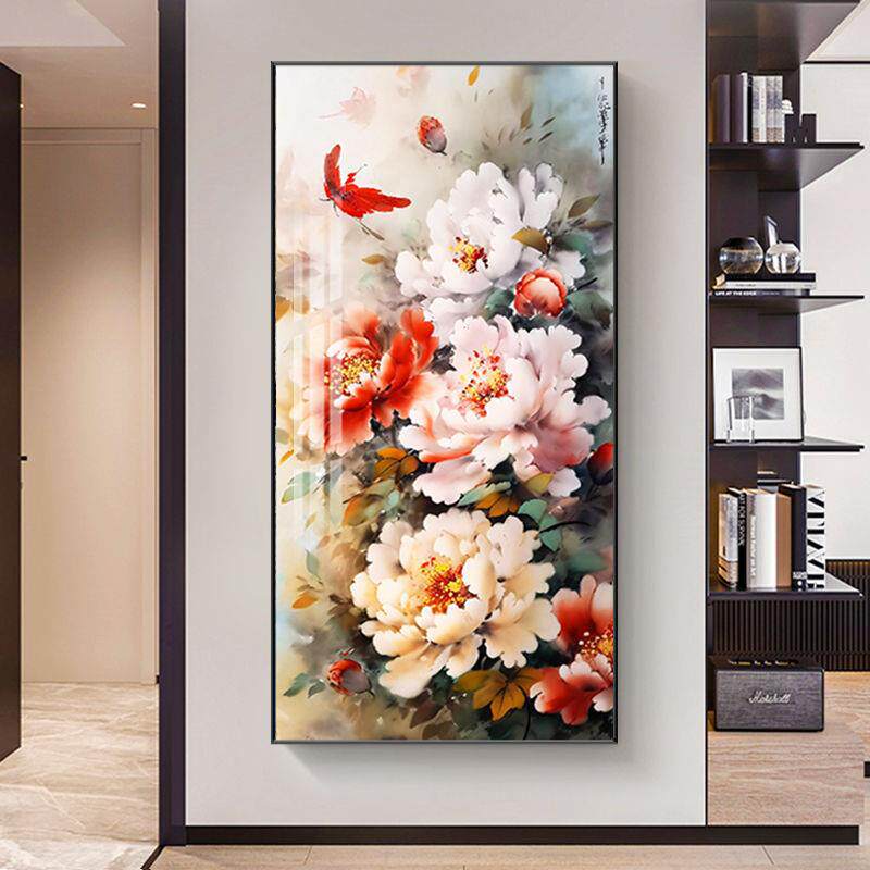 花开富贵牡丹花国粹入户玄关装饰挂画走廊过道壁画客厅寓意好竖版