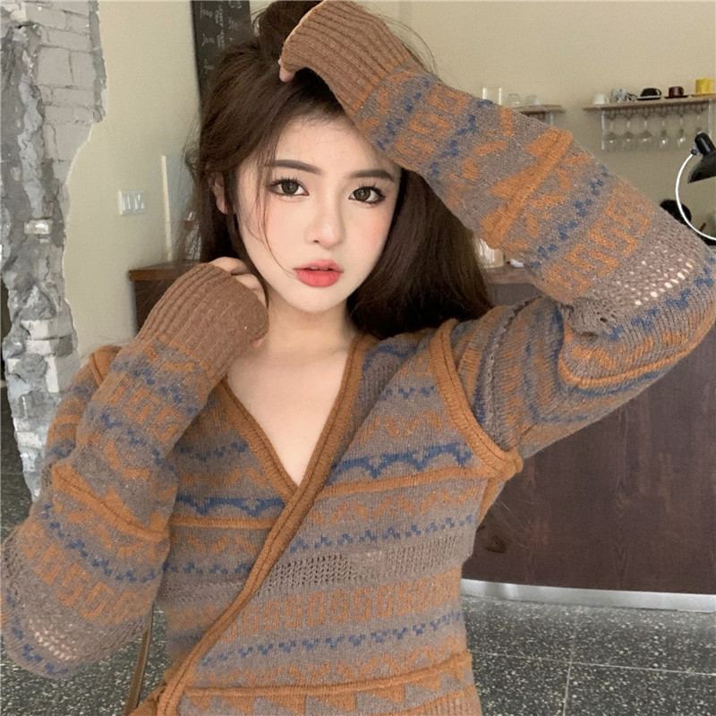 Real shot real price cocoa fragmentary knitwear with vintage sweater and brown knitted pants