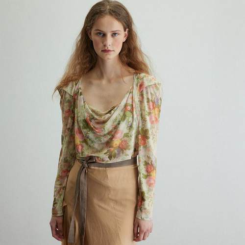 长袖荡领高级感文艺印花早春上衣