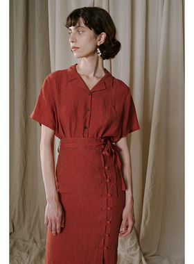 Holypark 原创设计 砂洗色织亚麻 中式盘扣系带复古衬衫半裙套装