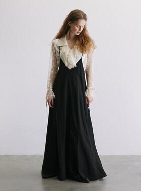 Holypark 24/PF 法式无袖v领绑带长款吊带人丝连衣裙黑色