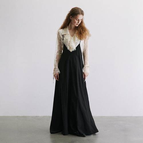 无袖吊带黑色v领长款人丝法式