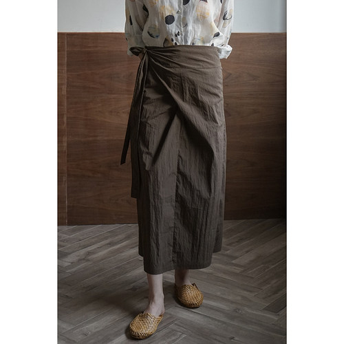 棉混纺绑带纽结褶皱半身裙