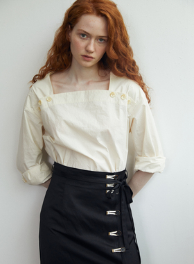 Holypark 2023秋 丝绵方领法式长袖秋装上衣