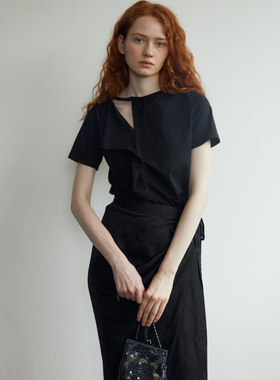 Holypark 纯棉不规则盘扣黑色杏色短袖上衣
