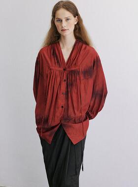 Holypark 24/PF 天丝混纺扎染V领褶皱宽松长袖衬衫