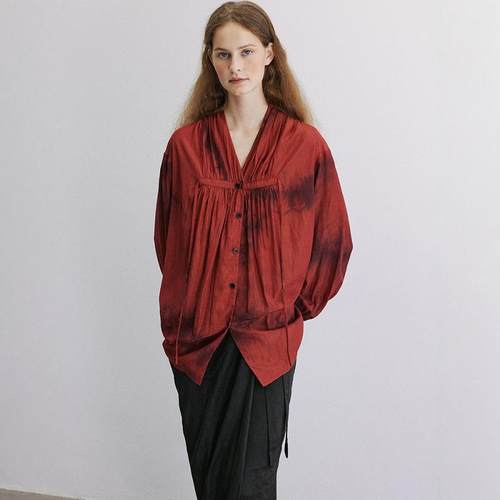 天丝混纺衬衫扎染V领PF褶皱宽松