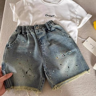 2025新款儿童牛仔短裤夏季男童做旧五分裤泼墨牛仔中裤女薄款