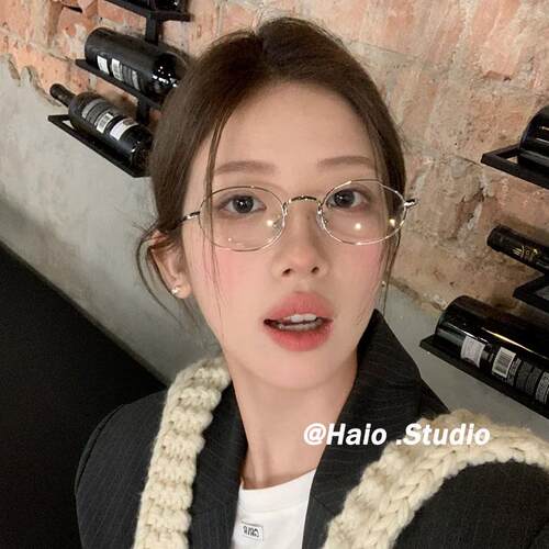 高智感银色眼镜框女书呆子椭圆