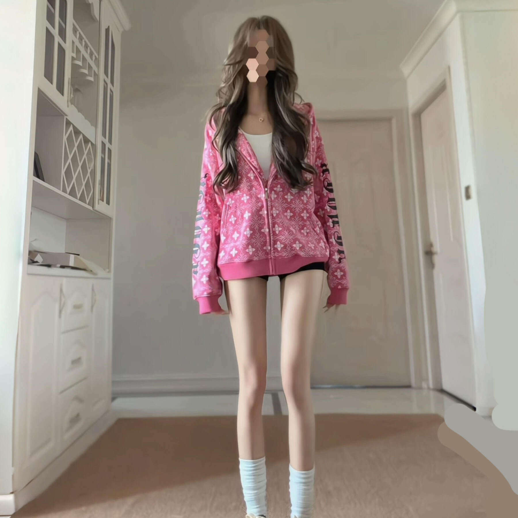 美式街头满印哥特风粉色卫衣外套女2026新款春季连帽拉链开衫上衣