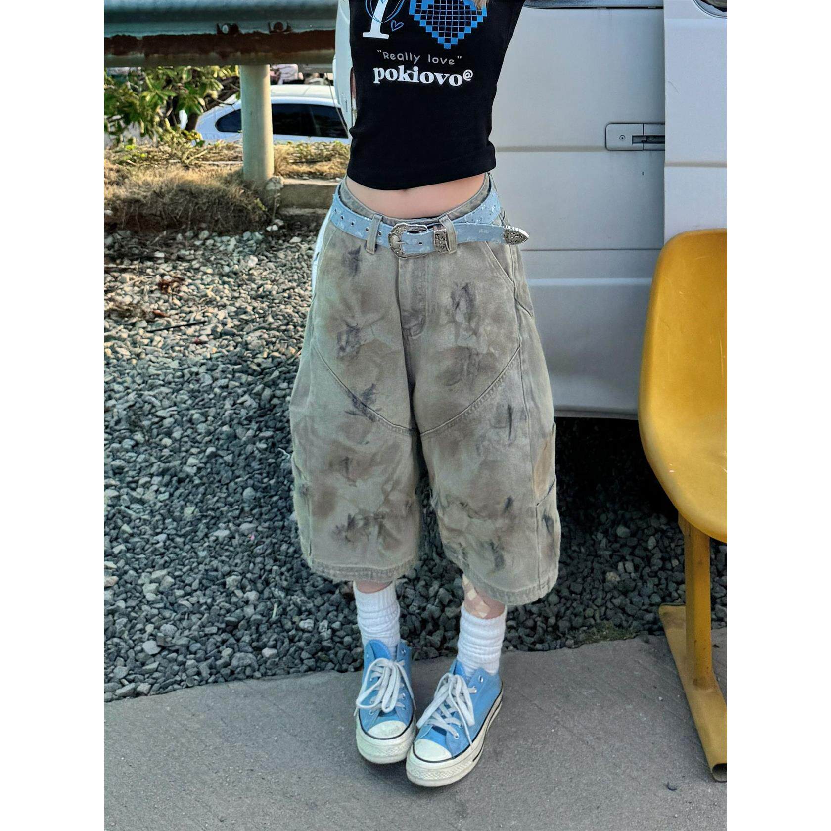 夏季美式高街做旧复古脏染牛仔裤阔腿七分裤女小个子休闲直筒裤子
