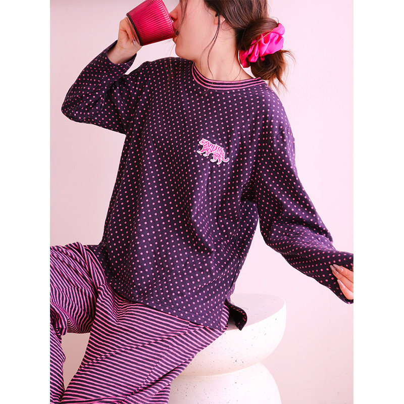 FishHome原创弹力针织棉藏青玫粉波点条纹圆领套装长袖长裤家居服,女士内衣/男士内衣/家居服,睡衣/家居服套装,淘宝优惠券,粉丝福利购,淘宝优惠卷