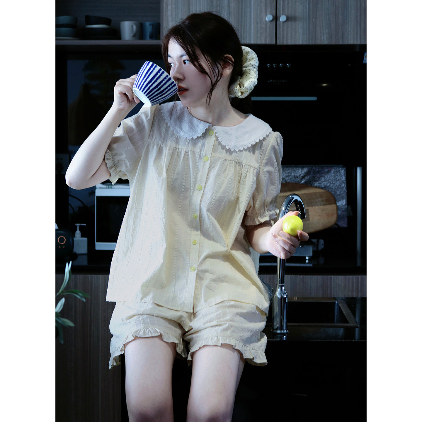 香草奶油黄·Fishhome原创纯棉薄款娃娃领短袖短裤家居服睡衣2026