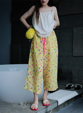 Fishhome原创100%天丝黄色碎花凉感八分裤家居裤可外穿2026夏