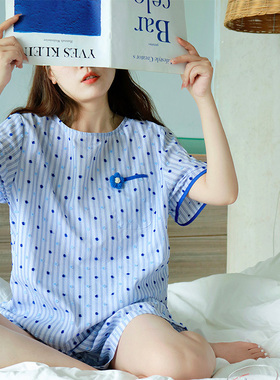 克莱因蓝·Fishhome原创纯棉薄款条纹短袖短裤家居服可外穿2026夏