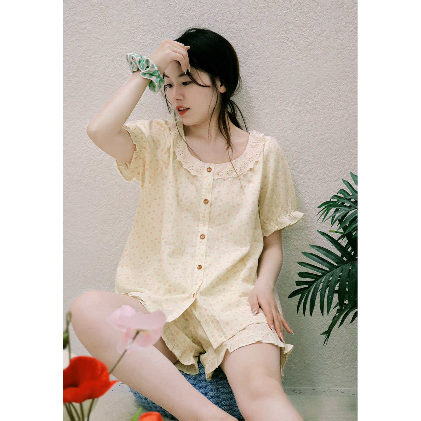 奶油莓果Fishhome原创纯棉纱布淡黄花边领短袖短裤长裤睡衣2026夏