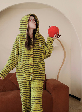 FishHome原创半边绒牛油果绿连帽条纹加厚加绒家居服套装2025冬