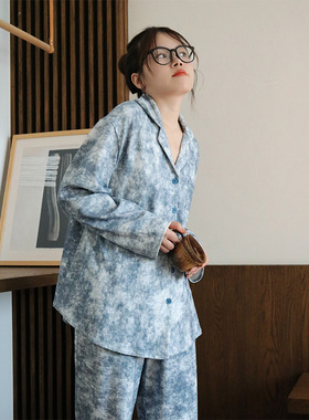 Fishhome原创水墨晕染弹力针织棉高级简约长袖长裤家居服睡衣2025