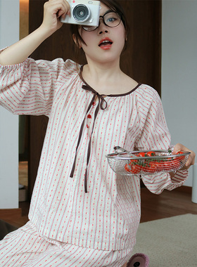 Fishhome原创条纹时尚圆领纯棉粉色长袖长裤家居服睡衣2026春