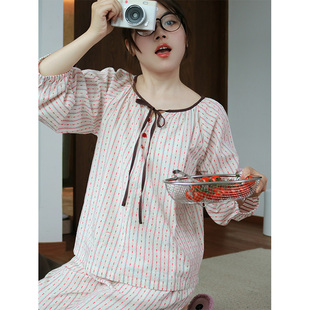 Fishhome原创条纹时尚圆领纯棉粉色长袖长裤家居服睡衣2025秋新品