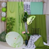 新中式 饰背景布料 场景布置绿色布幔纱幔古风春天幼儿园环创国风装