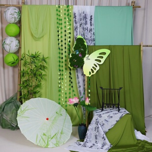 新中式场景布置绿色布幔纱幔古风春天幼儿园环创国风装饰背景布料