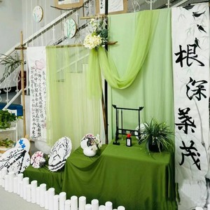 新中式布幔书法纱幔古风场景布置周岁国风装饰绿色系背景婚礼道具