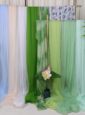 绿色系纱幔背景纱布置春季幼儿园环创网纱国风装饰婚礼庆吊顶挂饰