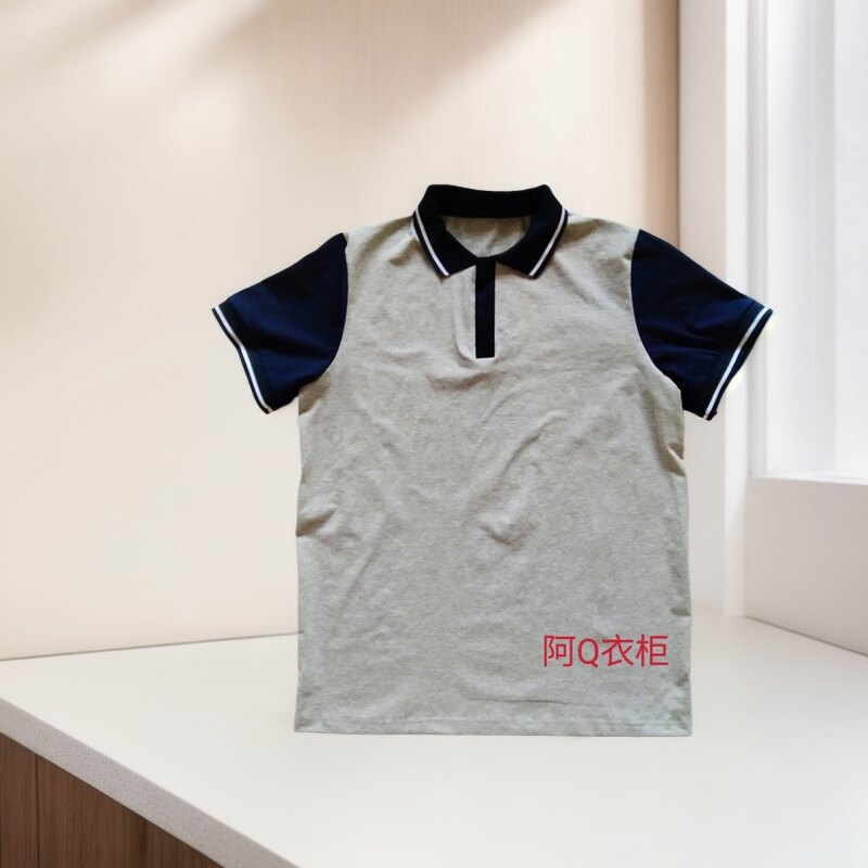 夏中小学生校服短袖T恤灰色藏蓝色翻领纯棉运动短袖女生校服上衣