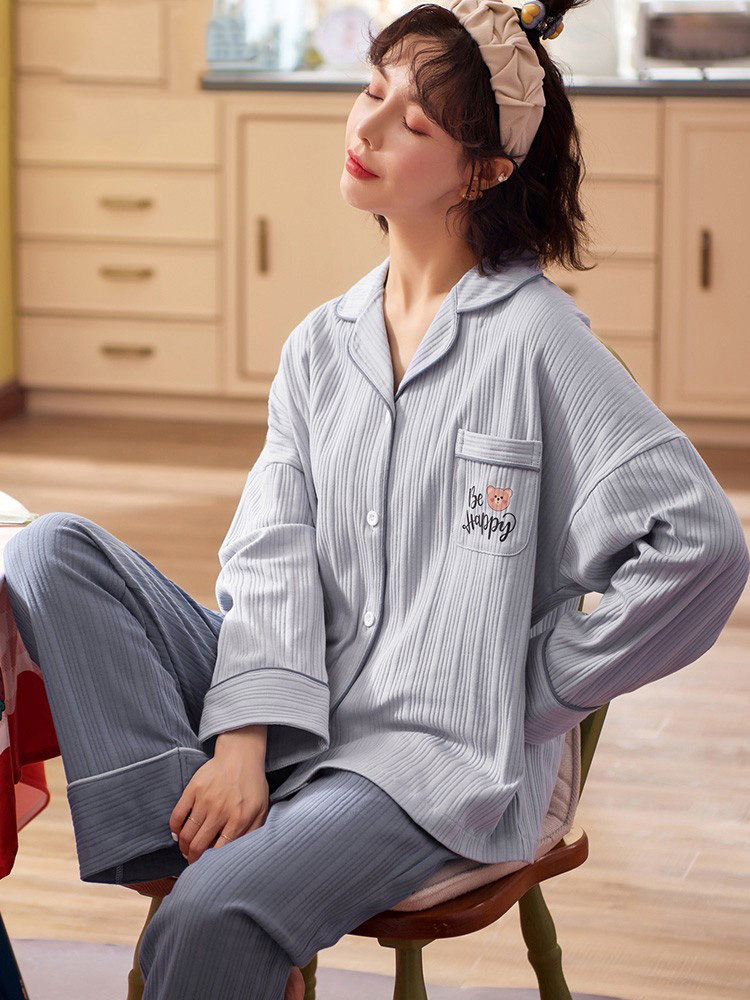 여성용 긴팔 잠옷 봄 가을 순면 여성용 가디건 달콤한 스타일 가을 집 밖에서 입을 수 있습니다 2024 새로운 스타일