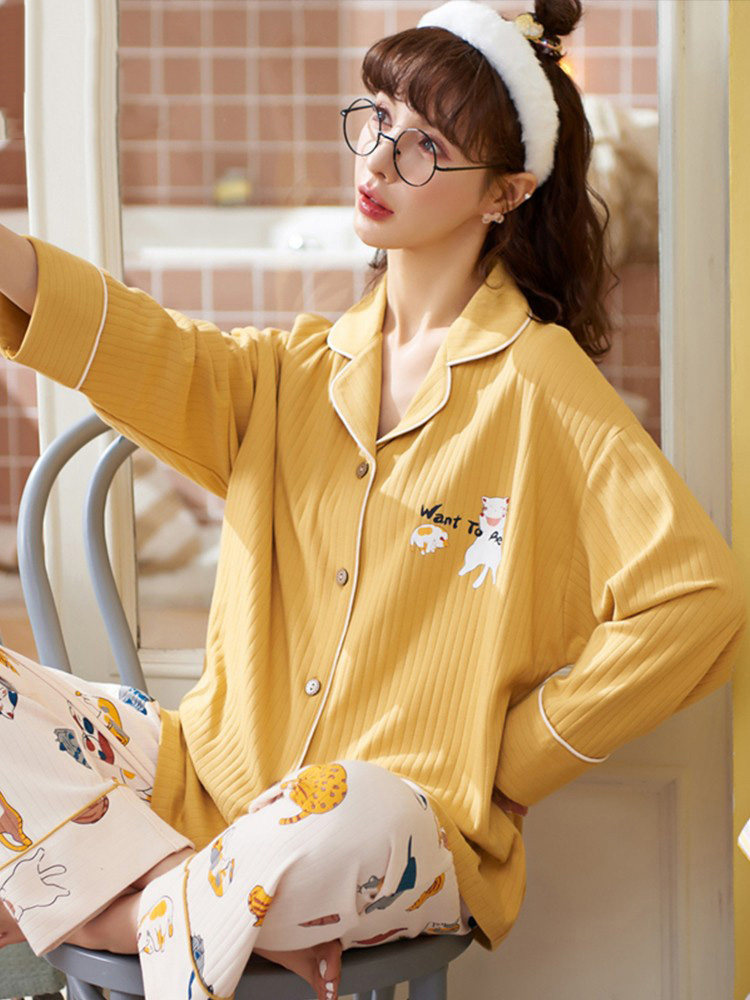 여성용 긴팔 잠옷 봄 가을 순면 여성용 가디건 달콤한 스타일 가을 집 밖에서 입을 수 있습니다 2024 새로운 스타일