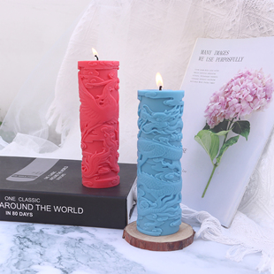 原创中式盘龙柱蜡烛硅胶模具立体圆柱形龙凤呈祥喜烛水泥石膏模具