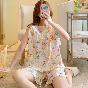 防凸点棉绸睡衣女夏无袖短袖短裤绵绸家居服背心人造棉套装网红风