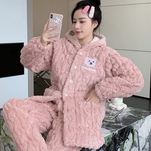 珊瑚绒夹棉睡衣女秋冬三层加厚加绒法兰绒家居服套装大码时尚网红