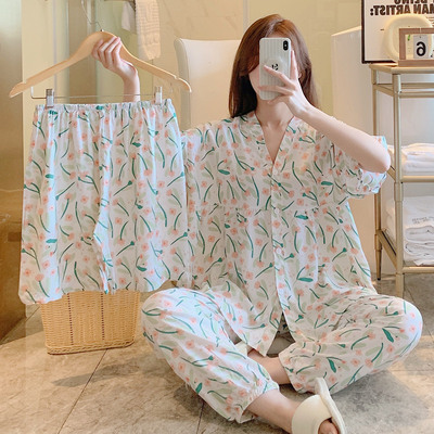 三件套棉绸睡衣女夏短袖短裤长裤