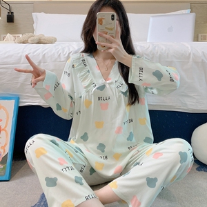 棉绸睡衣女春秋夏长袖薄款绵绸家居服妈妈人造棉套装学生可爱大码
