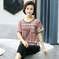 Có thể mặc bên ngoài cửa Bộ đồ ngủ bằng lụa cotton trung niên nữ mùa hè tay ngắn mỏng tay cotton cotton nhà quần áo phù hợp với cotton nhân tạo - Bộ Pajama pijama nam