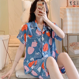 棉绸睡衣女夏短袖中裤人造棉家居服绵绸套装学生薄款大码韩版日式
