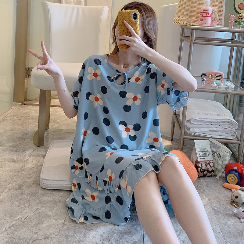 外穿棉绸睡裙女夏短袖绵绸睡衣中老年妈妈人造棉连衣裙薄大码碎花