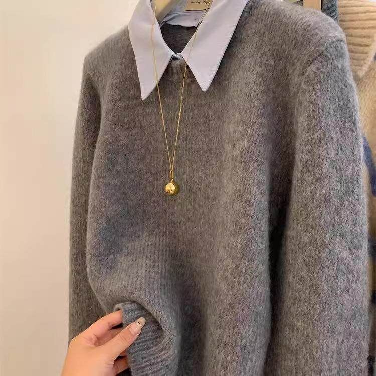 灰色假两件polo衬衫领内搭毛衣女秋冬短款慵懒风宽松打底针织上衣