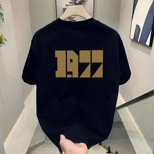 1977短袖夏季新款复古高街风宽松套头圆领t恤纯棉休闲百搭T恤潮男