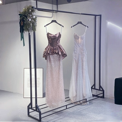高档婚纱店展示架黑色礼服陈列架落地式双层挂衣架银色挂婚纱架子