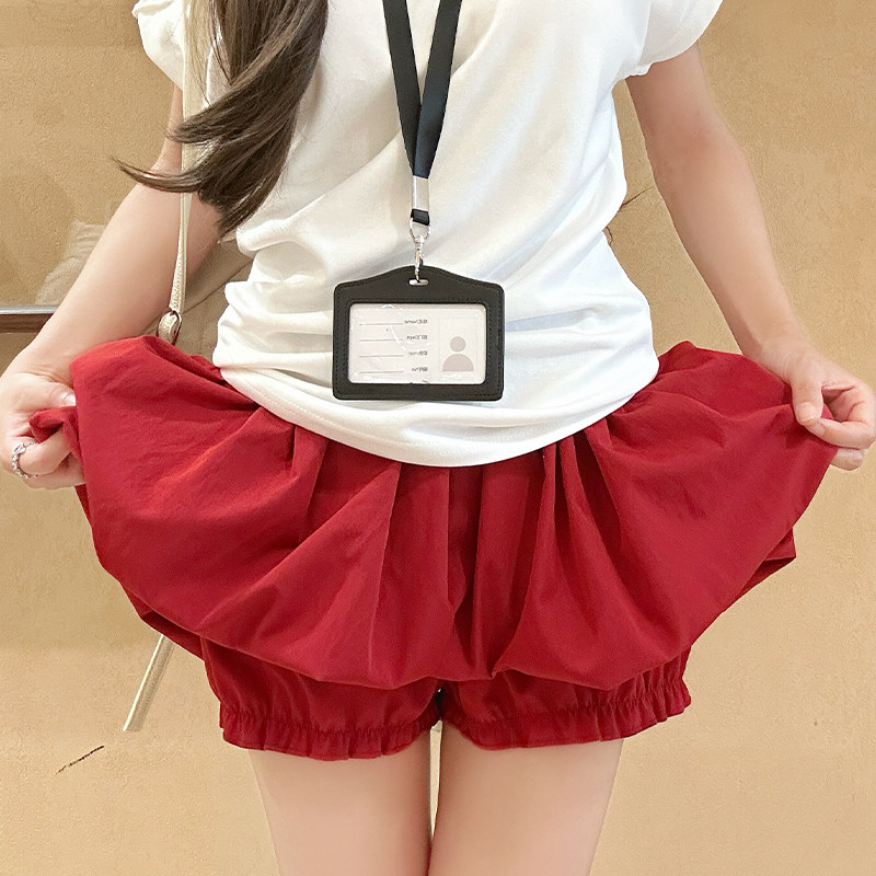 红色花苞裙裤女防走光夏季薄款高腰显瘦a字小个子冰丝灯笼半身裙