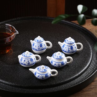青花迷你小茶壶可养可玩袖 珍指尖壶茶宠小西施把把壶功夫茶具摆件