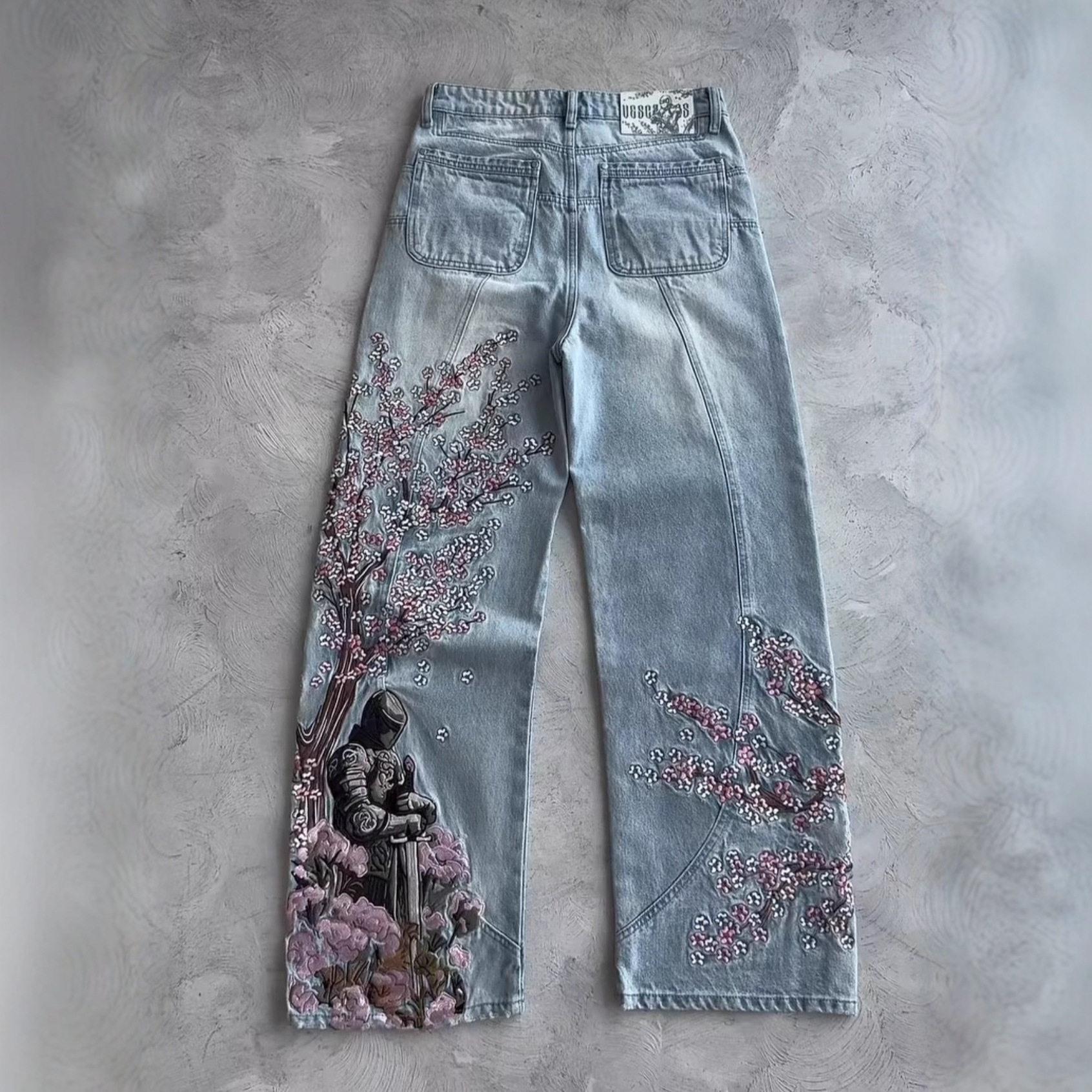 Flower embroidered jeans for men and women straight leg图片