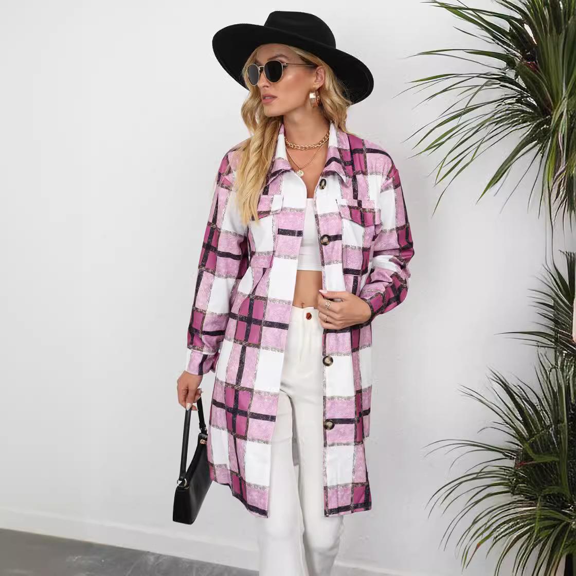 Women's clothing station plaid single lapel long sleeved
