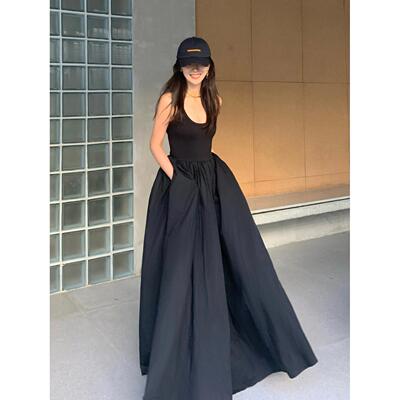 Little black dress, bellflower stem sleeveless vest, long