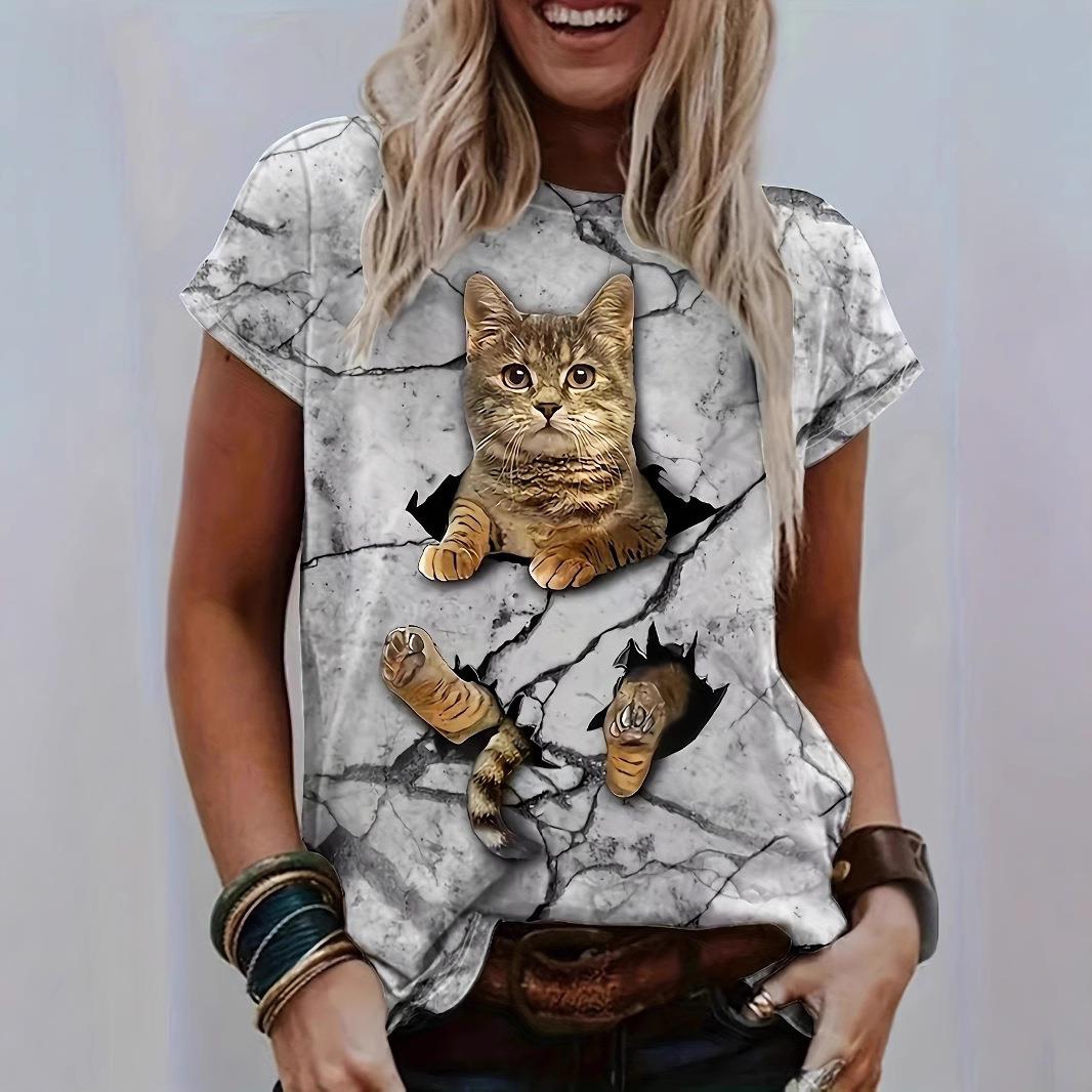 Women's T-shirt with cat print short sleeved weekend cat