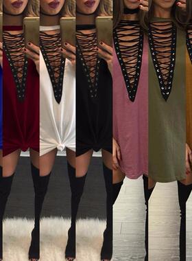 Women's corns deep neck short sleeved dress, short skirt,