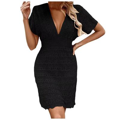 Deep neck beach skirt with corrugated hollow out dress and